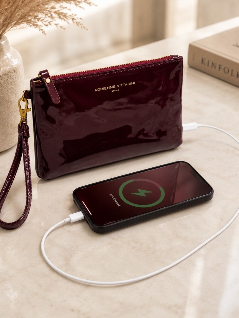 Adrienne Vittadini Burgundy Patent Leather Charging Wristlet Power Bank Clutch